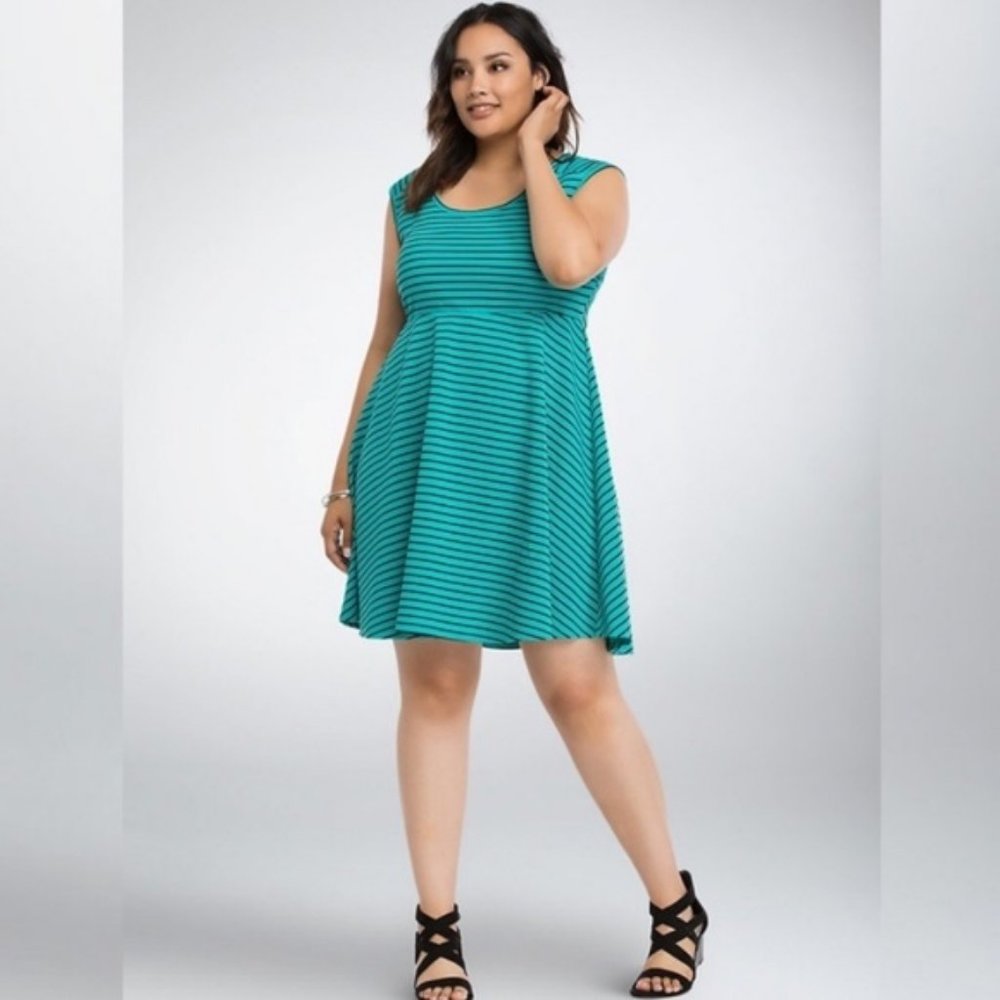 Torrid Teal and Black Striped Cross Back Skater Dress - Size 24